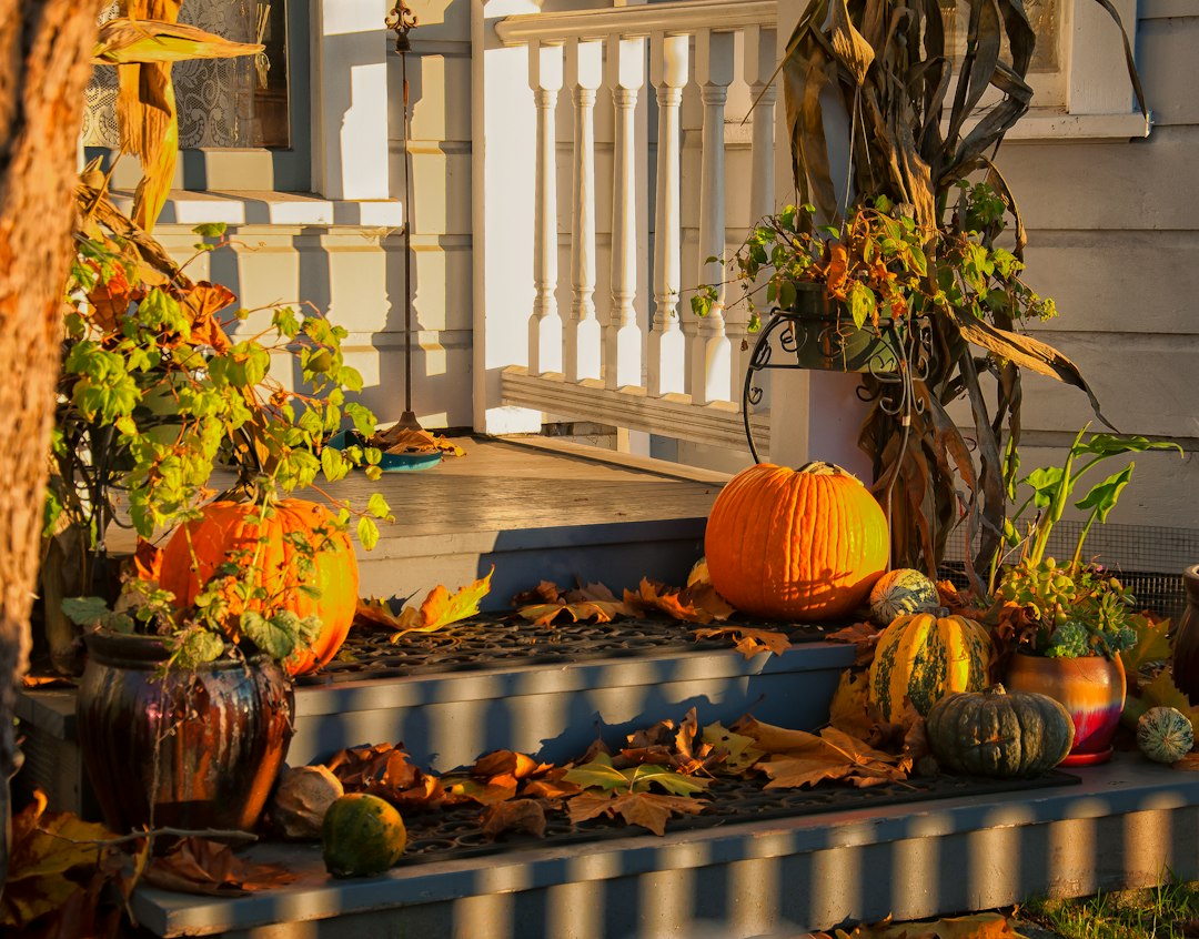 Herfstdecor rond trap met pompoenen en bladeren. Herfstdecor rond trap met pompoenen en bladeren.